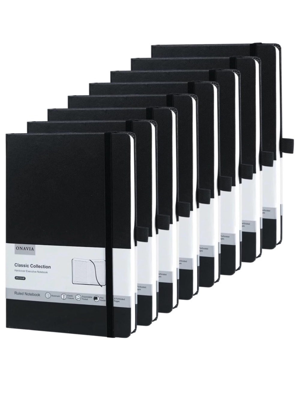 8-Pack A5 Black Journal Notebooks, 100 GSM, Lay Flat